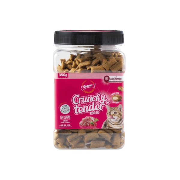 Crunchy Tender חטיף כריות לחתול בקופסא בטעם סלמון וחלב 350 גרם