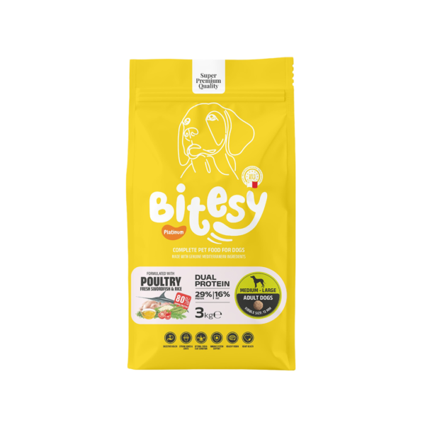 Bitesy מזון מלא לכלב בוגר עופות דג חרב ואורז 3 ק"ג