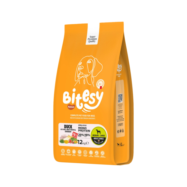 Bitesy מזון מלא לכלב בוגר ברווז עם אורז בטטה וחמוציות 12 ק"ג