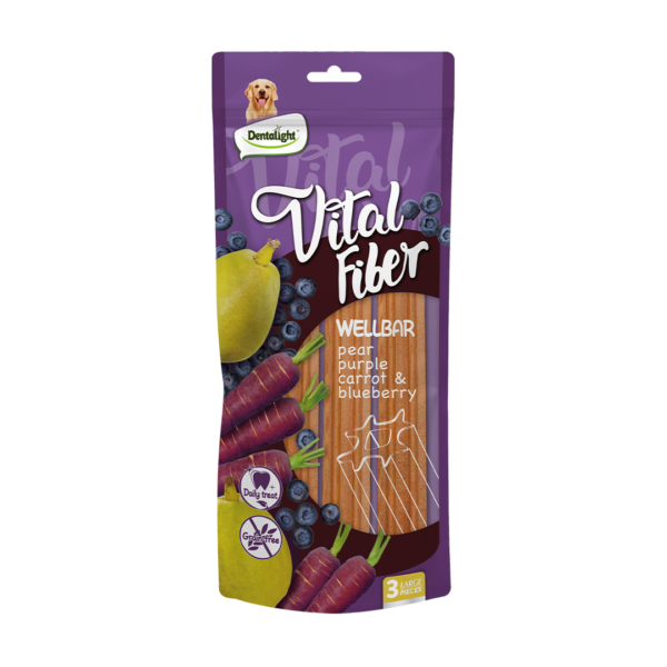 Vital Fiber מקל לעיסה דנטלי בטעם אגס, גזר סגול ואוכמניות 250 גרם